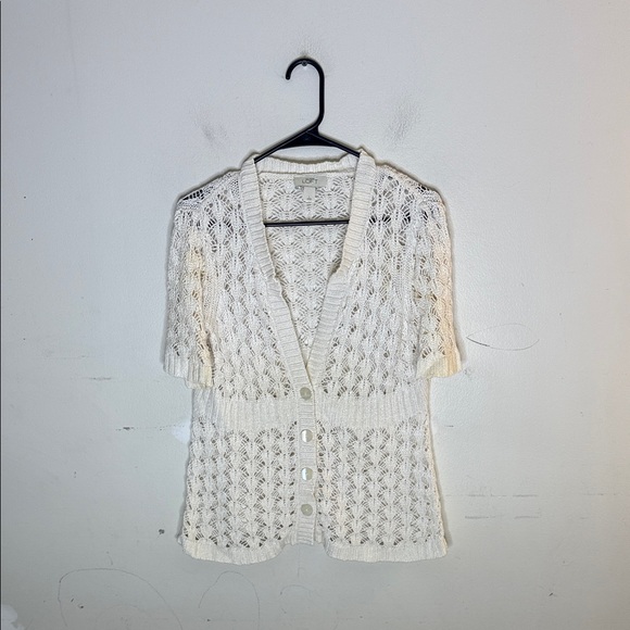 LOFT Sweaters - LOFT Cream Knit Women's Short Sleeve Button Front Cardigan Size Large